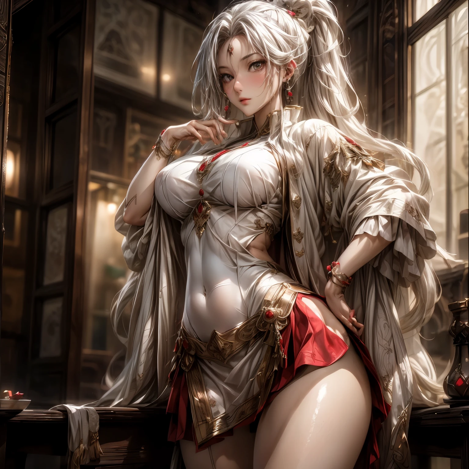 (best quality)), ((Masterpiece)), (details:1.4), 3d, HDR (high dynamic range), an image of a beautiful cyberpunk female, fantasy, medieval, pink hair, high ponytail, hips up, Beautiful White eyes, จมูกโด่ง, ปากแดง, หน้าอกใหญ่, nvidia RTX, PBR surface, After processing, Anisotropic filtration,depth of field, Maximum clarity and clarity, multi-layered surface, Subsurface scattering, perfect proportions, 8K raw files, ultra detailed, Perfect proportions, volumetric lighting, soft lighting, Holy Paldin, Heavy Golden Armor, black dress, intricate Silver embroidery, glossy skin, Castle Background, jewely, ต่างหู, mini white skirt, blackglove, long-sleeved golden Dress,