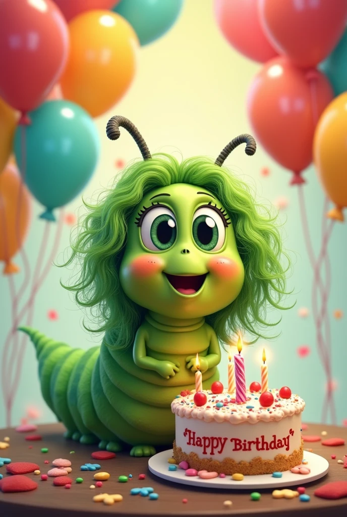 Happy little caterpillar, big black eyes and long curly hair, about a birthday cake, Ao fundo, formed by balloons, The phrase ""