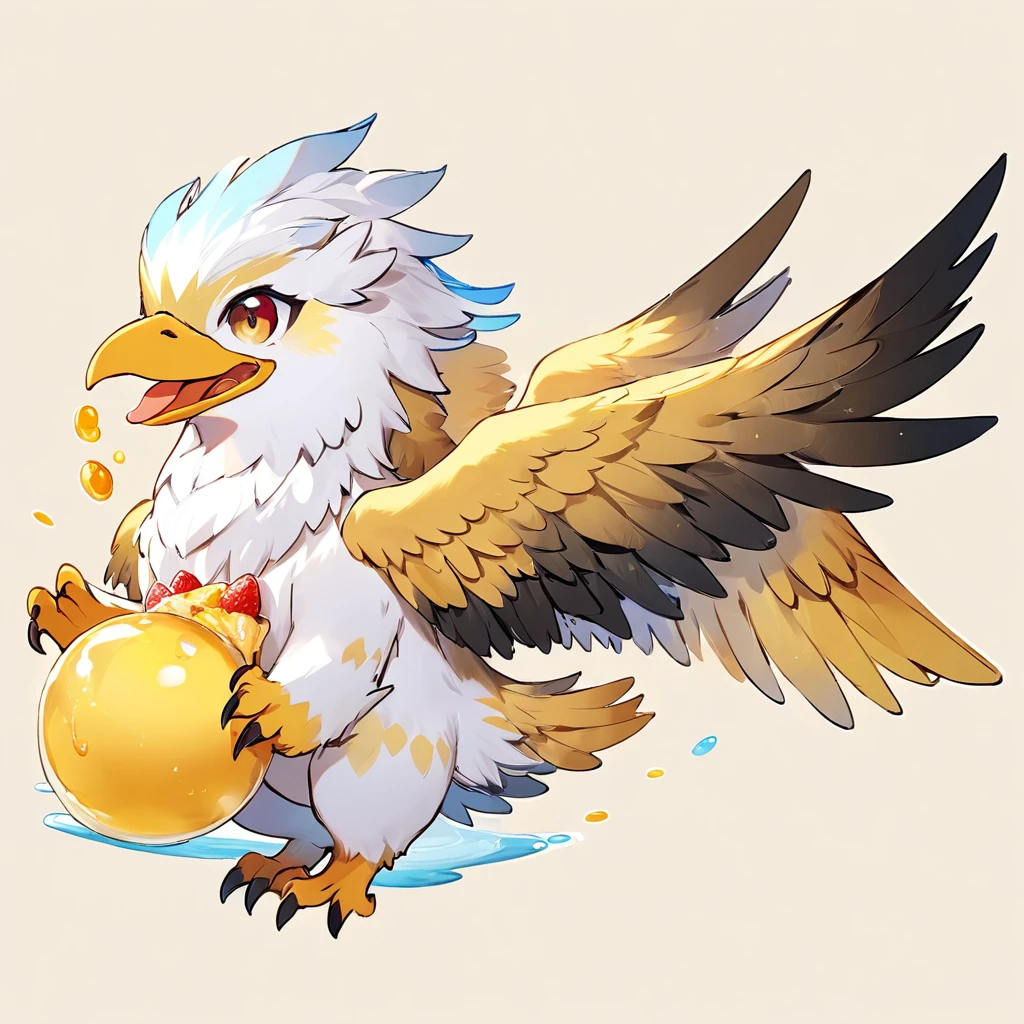 (Highest quality,Extremely detailed depiction,Incredible high resolution),Cute Griffon,Circle々Fat Griffon,Deformed Character,Flapping and floating,Eating food with gusto