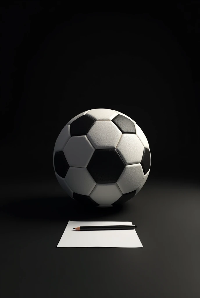 A soccer ball with a paper and pencil in front with a black background