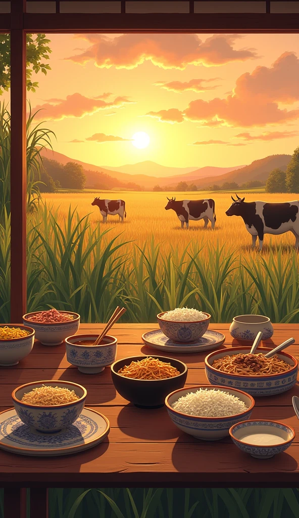 2D anime a field of corn and wheat , rice ,chop stickes , catle ,jug, salad, dupplincs , plates , sweat dishes, spoons, noodles are on wooden dinning tables old traditional vibes, sunset time