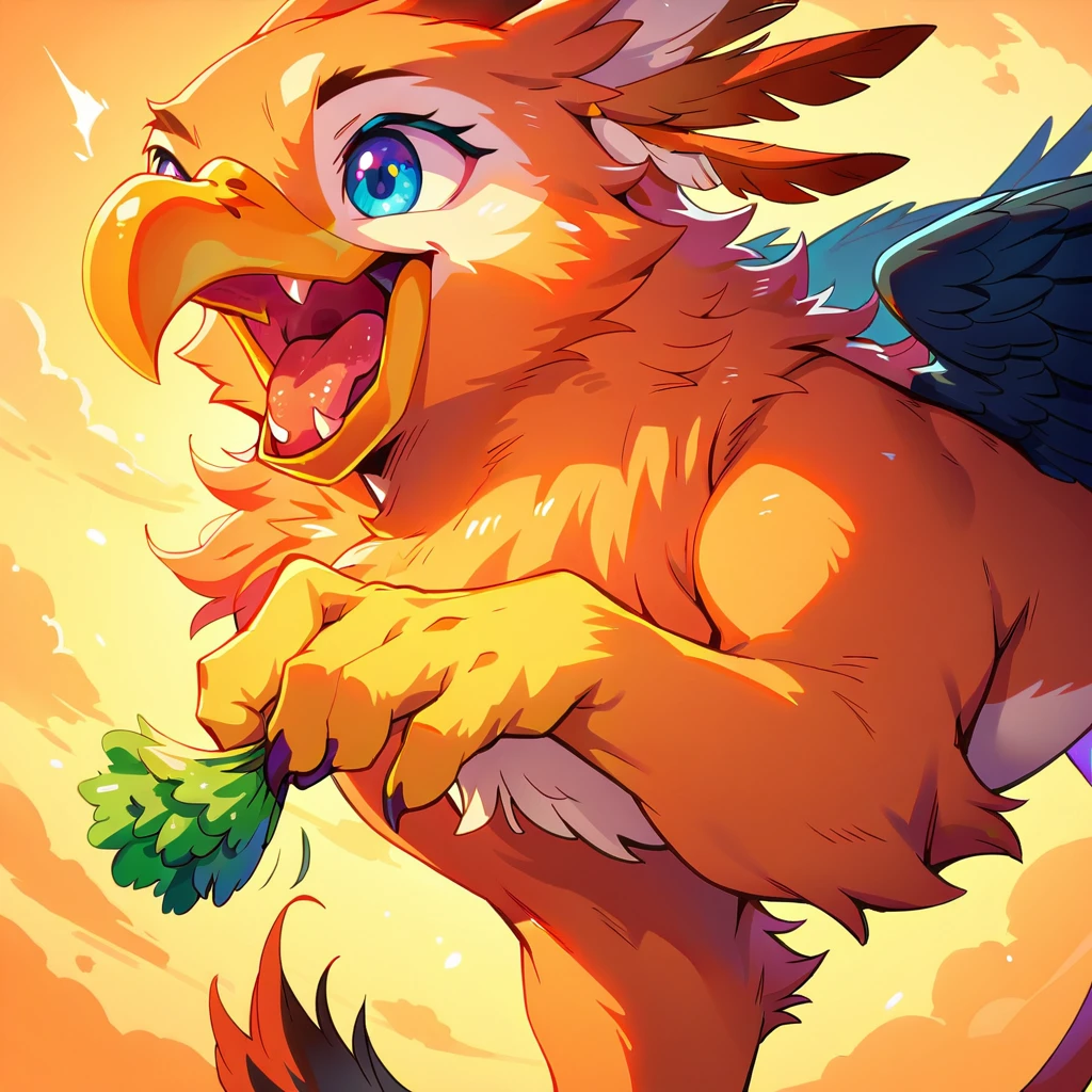 (Highest quality,Extremely detailed depiction,Incredible high resolution),Cute Griffon,Circle々Fat Griffon,Deformed Character,Flapping and floating,Eating food with gusto
