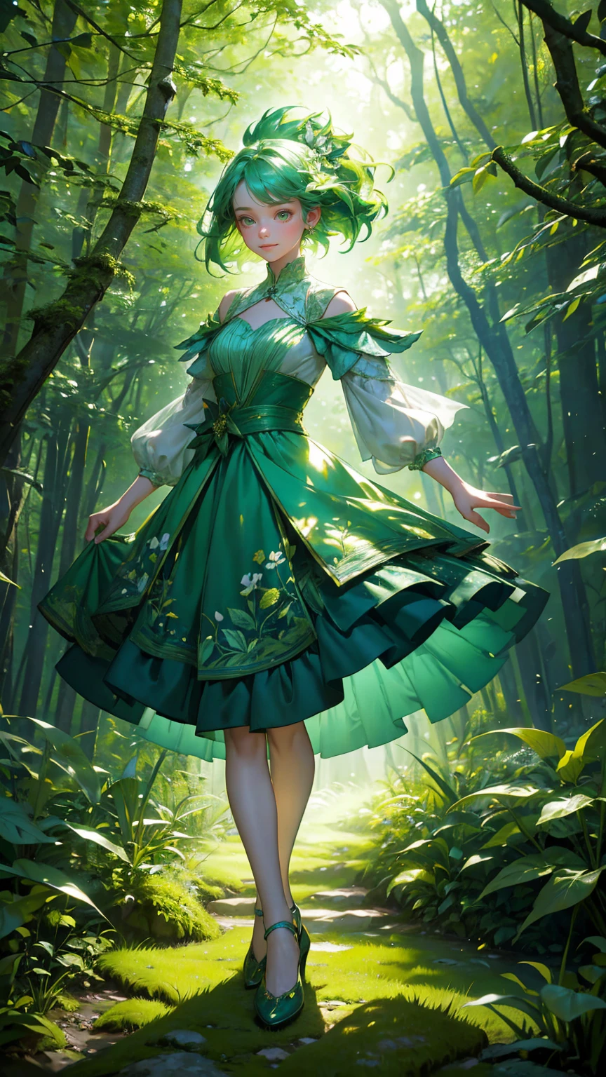 A beautiful, cute girl with bright green hair and wearing a dress adorned with leaf patterns, joyfully dancing in an enchanted forest. Her outfit flows elegantly as she moves, and her expression radiates happiness and freedom. The background is filled with vibrant green trees, lush foliage, and patches of colorful wildflowers, all illuminated by beams of sunlight filtering through the canopy. The forest floor is a glowing path of soft green moss and leaves. Floating digital elements like Bitcoin coins and stock charts subtly blend into the forest, adding a whimsical fantasy touch. The scene is fully zoomed out, capturing the entire character in motion, surrounded by layers of deep, vivid greens to enhance the magical atmosphere."