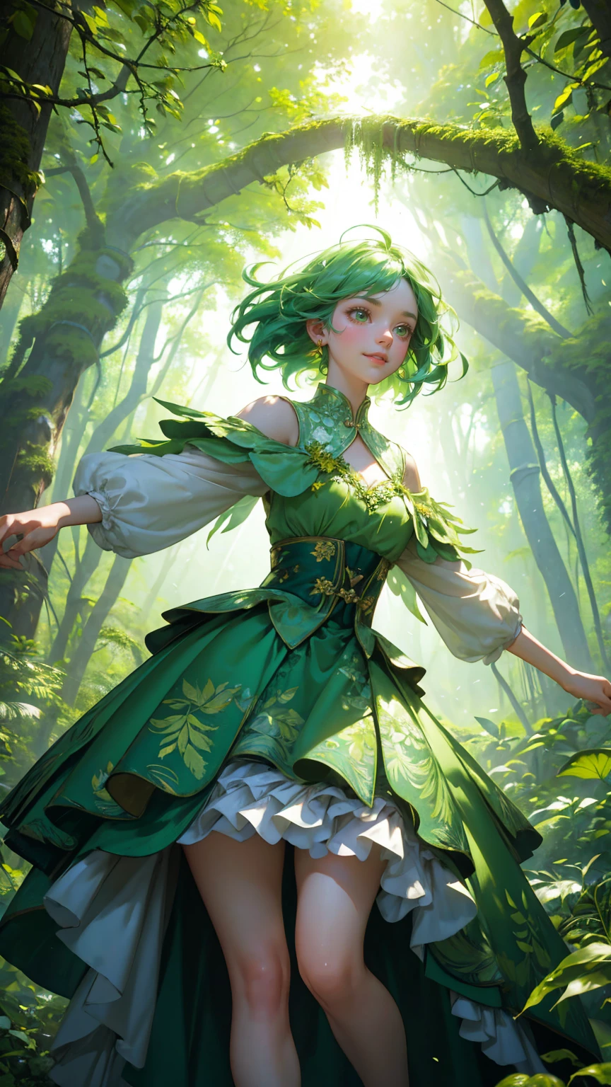 A beautiful, cute girl with bright green hair and wearing a dress adorned with leaf patterns, joyfully dancing in an enchanted forest. Her outfit flows elegantly as she moves, and her expression radiates happiness and freedom. The background is filled with vibrant green trees, lush foliage, and patches of colorful wildflowers, all illuminated by beams of sunlight filtering through the canopy. The forest floor is a glowing path of soft green moss and leaves. Floating digital elements like Bitcoin coins and stock charts subtly blend into the forest, adding a whimsical fantasy touch. The scene is fully zoomed out, capturing the entire character in motion, surrounded by layers of deep, vivid greens to enhance the magical atmosphere."