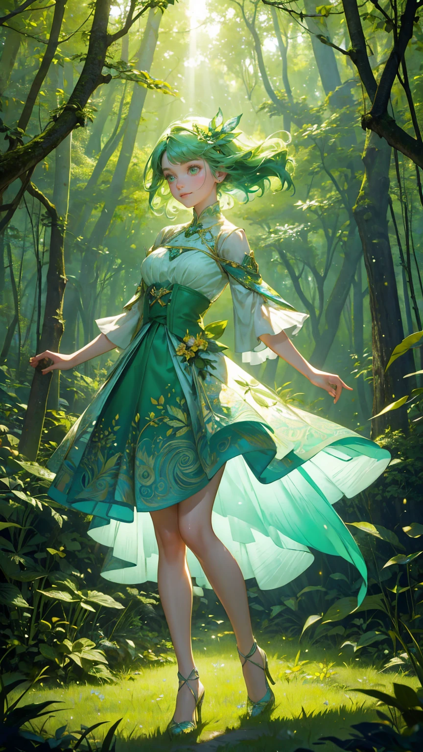 A beautiful, cute girl with bright green hair and wearing a dress adorned with leaf patterns, joyfully dancing in an enchanted forest. Her outfit flows elegantly as she moves, and her expression radiates happiness and freedom. The background is filled with vibrant green trees, lush foliage, and patches of colorful wildflowers, all illuminated by beams of sunlight filtering through the canopy. The forest floor is a glowing path of soft green moss and leaves. Floating digital elements like Bitcoin coins and stock charts subtly blend into the forest, adding a whimsical fantasy touch. The scene is fully zoomed out, capturing the entire character in motion, surrounded by layers of deep, vivid greens to enhance the magical atmosphere."