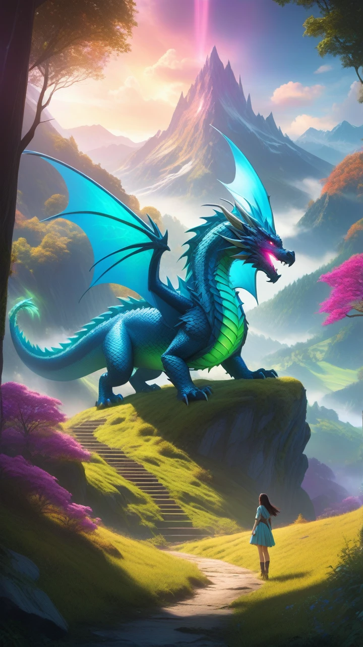 1girl, fantasy dragon, detailed fantasy landscape, rolling hills, lush forests, ethereal mountains, glowing magical portal, dramatic lighting, vibrant colors,cinematic composition,intricate details,dramatic lighting,vibrant colors,digital art,concept art,matte painting,transparent color PVC clothing, transparent color vinyl clothing, prismatic, holographic, chromati caberration