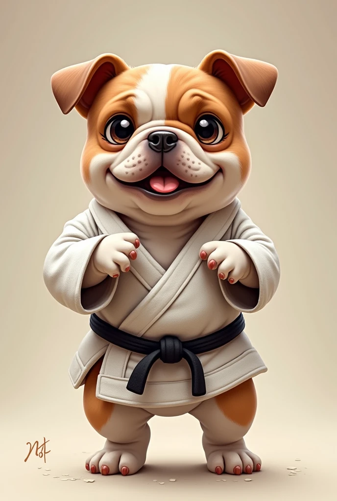 A small bulldog dog standing facing forward with its front legs raised。
Big eyes with a cute, human-like expression。Slightly larger head than body。limbs are short。
Wearing a judo uniform。Glossy texture。
The background is the dojo

