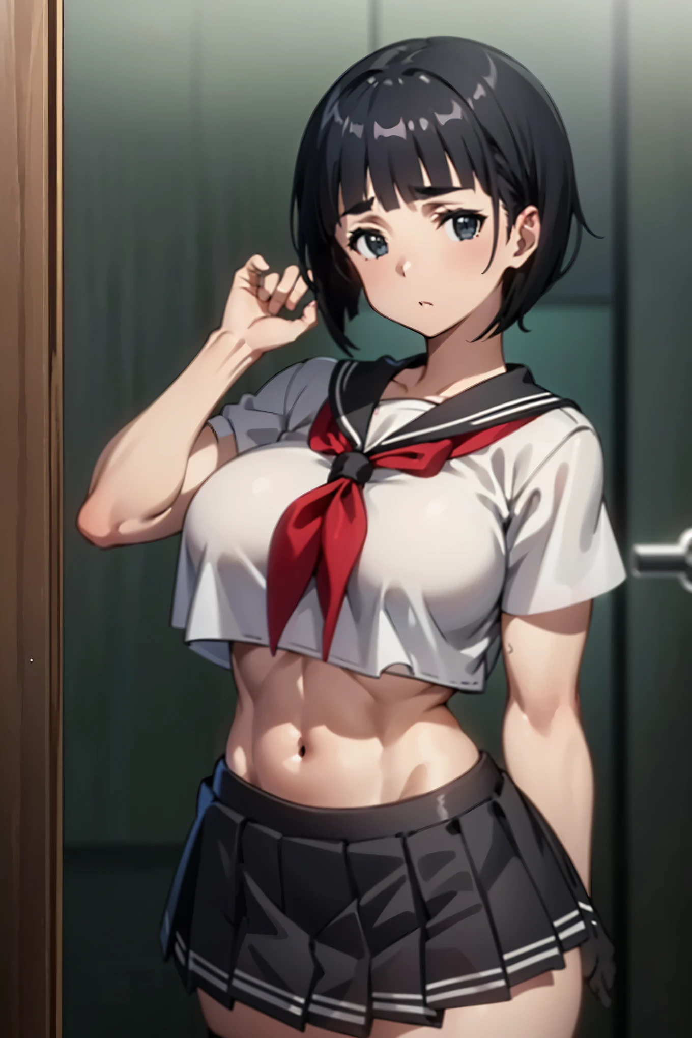 4K,master piece,anime,1 female,Suguha Kirigaya,((black short hair,short sleeved white sailor suit,croptop,super lowrise micro pleated skirt)),lean body,big breasts