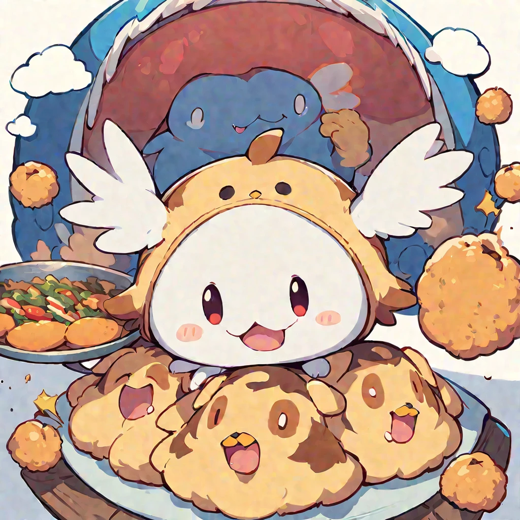 (Highest quality,Extremely detailed depiction,Incredible high resolution),Cute Griffon,Circle々Fat Griffon,Deformed Character,Flapping and floating,Eating food with gusto