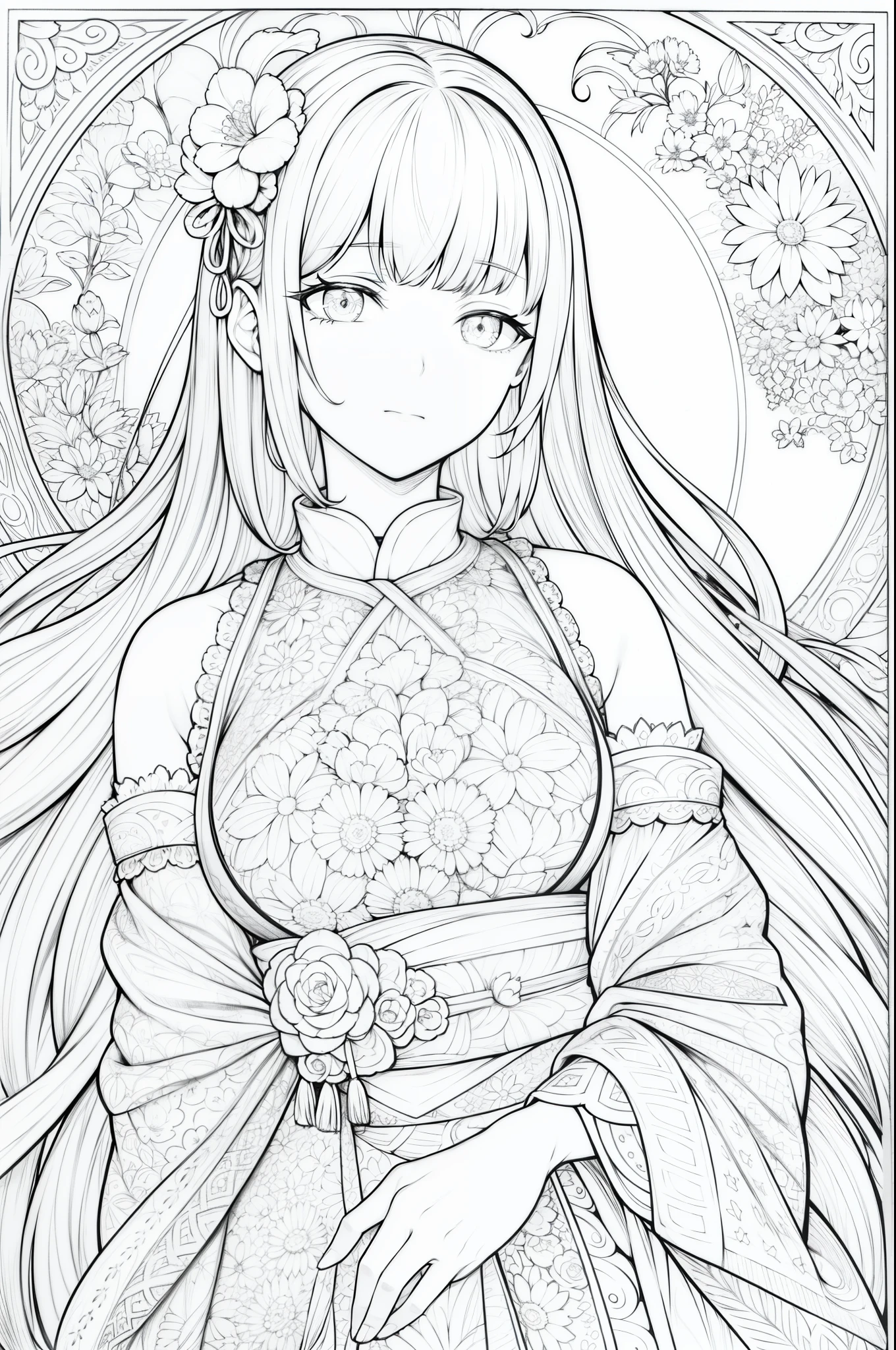 (Black and White Coloring Book: 1.5), Line art, Masterpiece, Top quality, Super detailed, High resolution, Highly detailed face, (Beautiful eyes), Hair is white, Upper body shot, Looking at camera, Woman wearing traditional Japanese simple patterned furisode, (Simple beautiful garden in background: 1.3), Highly detailed crisp black line art, ((Simple white)), Fibonacci