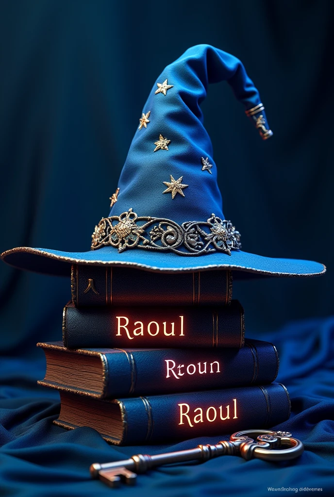 A 3D render of a dark fantasy scene with a dark blue wizard's hat adorned with gold embellishments and stars sitting atop a trio of closed books. The books are embroidered with the name "RAOUL" in vibrant, glowing letters and are partially covered by a dark blue fabric or scarf. A mysterious antique key with intricate details lies beside the books. The entire image is set against a deep blue background, reminiscent of a night sky, evoking a sense of enchantment and magic.