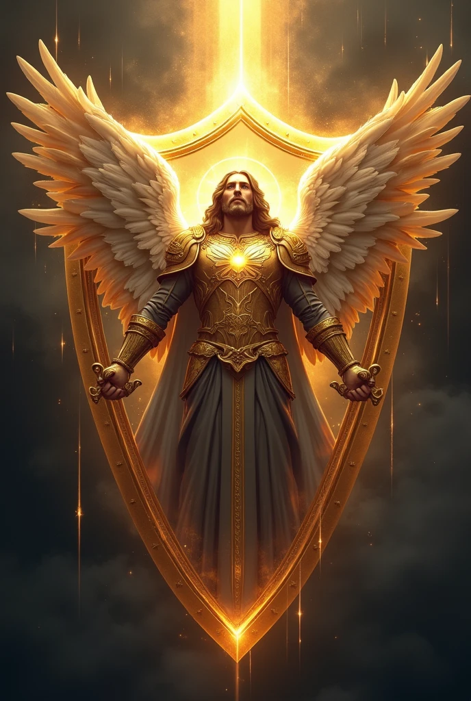 create a shield for my tik tok profile with the theme I AM A WINNER, in the dark I want an image of Jesus and a heavenly warrior