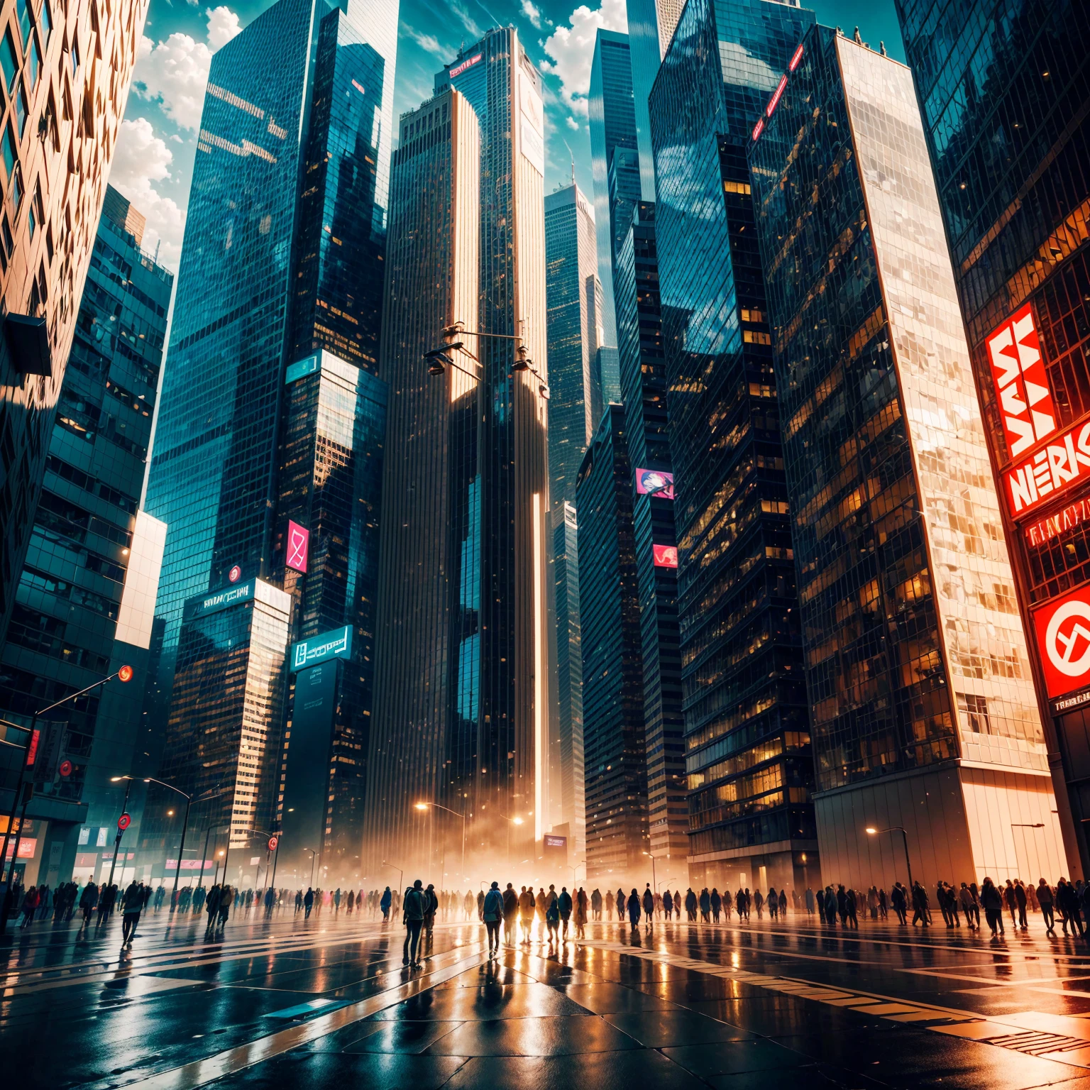 Future Technology, A city filled with towering skyscrapers and neon lights, Capturing the essence of our modern, technologically advanced world, With a touch of fantasy and magic, Wrapped in warm golden hues, Emphasize the beauty of the scene, Bring it to life with dynamic lighting, Bring out the intricate details and textures of your artwork, Inspires awe and admiration, (Wide-angle), ((not human))