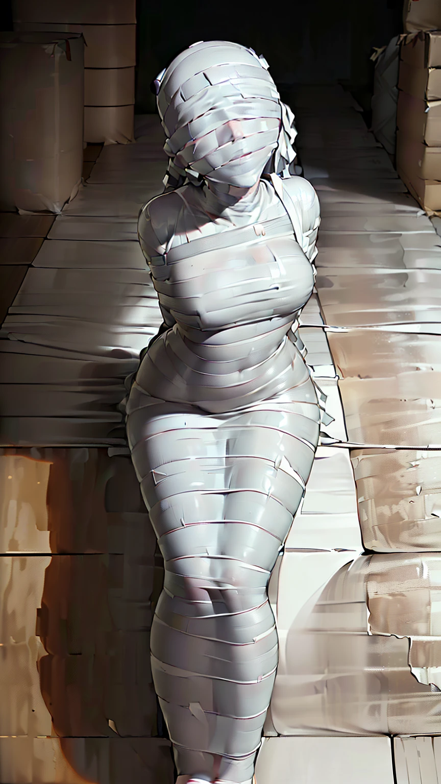 mummification, blindfold, tape gagged, (1 girl:1.4), ((Imprisoned in a warehouse)), (Highly detailed CG Unity 8k), (highest quality), (Very detailed), (Ultra-high resolution), ((Hands tied behind back)), ((Wrap the heads around with white duct tape:1.4)), (((Wrap the eyes around with white duct tape:1.5))), ((Wrap the mouth around with white duct tape:1.4)), ((blindfold around with white duct tape:1.4)), ((Wrap the face around with white duct tape:1.4)), ((From head to toe, wrap them in white duct tape to make a mummification:1.5)), 