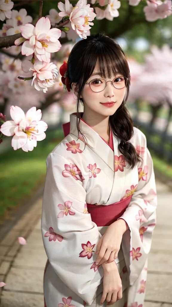 masterpiece、Realistic、Full body portrait、Beautiful Face、あなたの笑顔はcuteですね、Sharp focus、young woman、1、(((kimono)))、cute、cute、8K Post-Production、High resolution、Very detailedな、Intricate details、Very detailed、Pure Form、8k resolution、The head is round and beautiful.、Small Nose、Big and ample breasts、(((Cherry blossom tree-lined path)))、(((Scattered cherry petals)))、Wear glasses、thin frame glasses