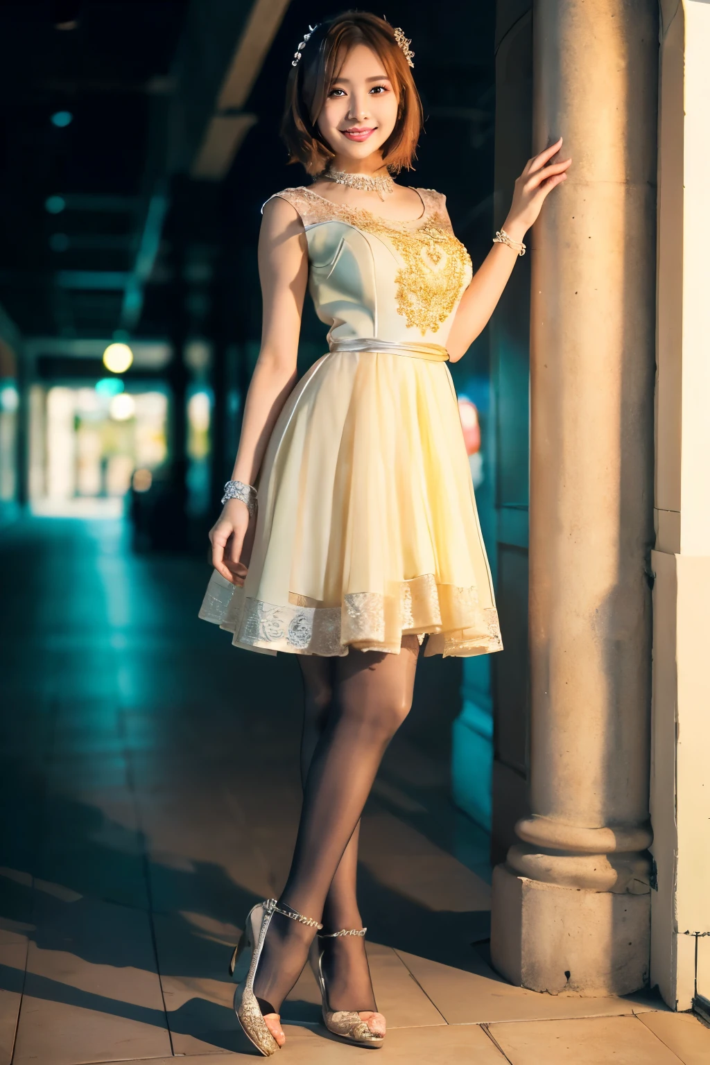 ulzzang-6500-v1.1, (RAW Photos:1.2), (Photorealistic), Beautiful detailed girl, (Genuine: 1.4), Very detailedな目と顔, Beautiful and fine details, (((Upper class girl in elegant formal dress of random colors:1.3)))、(Ultra-realistic pantyhose:1.2), (High heels:1.2), (I keep my hair short)、 (A very loving smile:1.2)、Large file size, High resolution, Very detailed, Highest quality, [masterpiece:1.6], Awareness-raising, Very detailed, Hmph, In detail, Highest quality, 8k wallpaper, Cinema Lighting, One Girl, , Perfect figure, Cute droopy eyes、Beautiful big eyes、 ((masterpiece)), Highest quality, One Girl, eye shadow, Upper Body, Portraiture, ((Full Body Shot:1.2))、