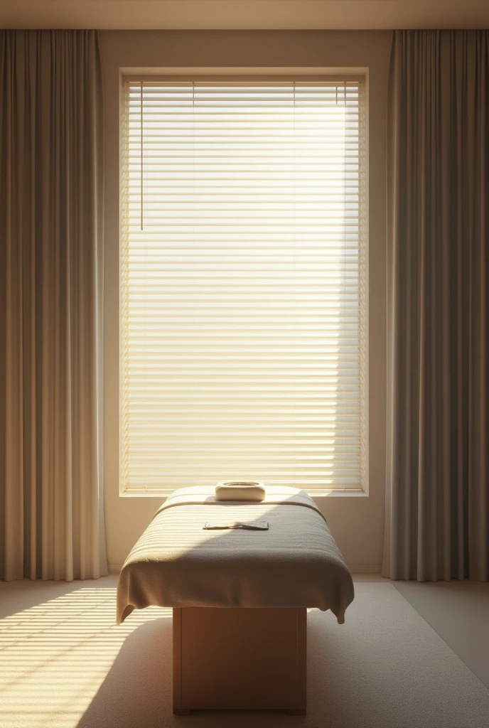 A window with blinds through which the sun shines, leaving shadows on the massage table, gray curtains, massage room in beige tones, Spa, minimalism, unreal engine, 8 K, gray and beige tone, dark colors, Fantasy, conceptual art, Realism, aerial, detailed, cinematic, masterpiece, Realism, high quality, Best quality, masterpiece, simple background, 
