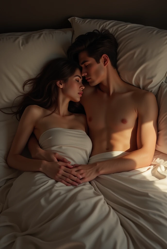 Image a realistic image of a boy and his girlfriend both being of adult age 18, lying on the bed naked under a blanket and we are cuddling