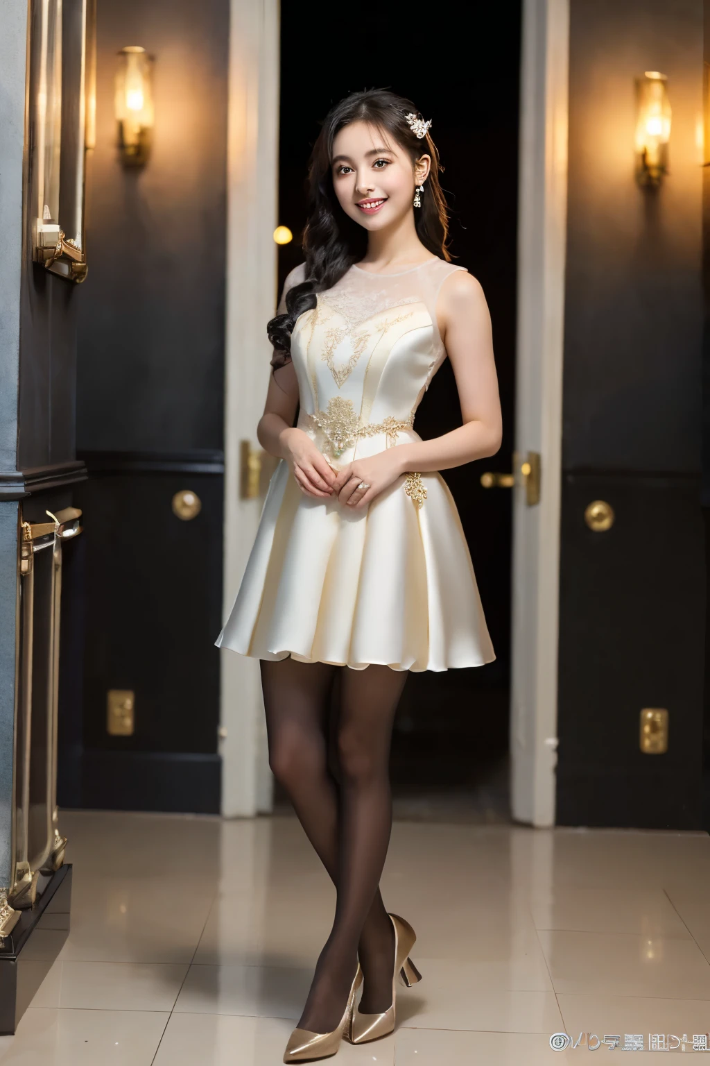 ulzzang-6500-v1.1, (RAW Photos:1.2), (Photorealistic), Beautiful detailed girl, (Genuine: 1.4), Very detailedな目と顔, Beautiful and fine details, (((Upper class girl in elegant formal dress of random colors:1.3)))、(Ultra-realistic pantyhose:1.2), (High heels:1.2), (I keep my hair short)、 (A very loving smile:1.2)、Large file size, High resolution, Very detailed, Highest quality, [masterpiece:1.6], Awareness-raising, Very detailed, Hmph, In detail, Highest quality, 8k wallpaper, Cinema Lighting, One Girl, , Perfect figure, Cute droopy eyes、Beautiful big eyes、 ((masterpiece)), Highest quality, One Girl, eye shadow, Upper Body, Portraiture, ((Full Body Shot:1.2))、