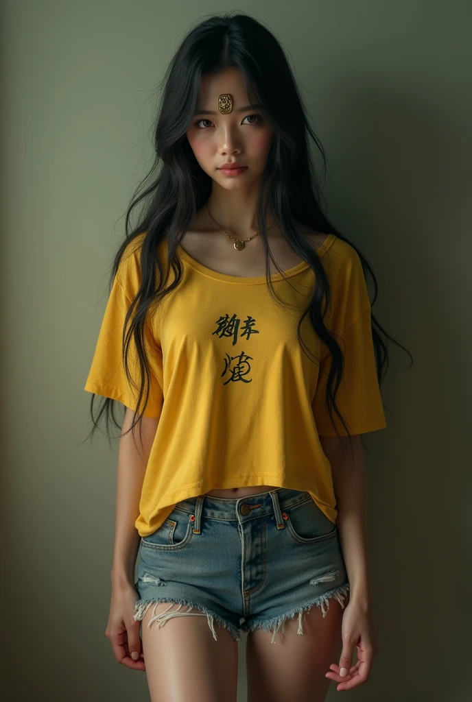 Hourglass figure  Delicate face, beauty的女人, , Delicate face, masterpiece, style, Ultra-detailed and realistic 8k exquisite model, Long hair, Hourglass figure, Athlete&#39;s physique, She was wearing very short denim shorts and a small baggy T-shirt., Sexy, Reality.((Top quality, 8K, masterpiece:1.3)) , Intricate details, jiangshi girl costume, Female in her 20s, Dress up as a zombie, (Paper amulet on forehead:1.6), Solitary, (Sinister atmosphere), (bundle), (((Detailed depiction of a Jiang girl wearing a yellow cloth))), (Creepy pose:1.1), (Weird Lights), (Huge breasts: 1.5), beauty
