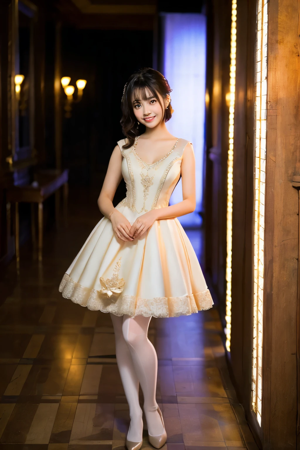 ulzzang-6500-v1.1, (RAW Photos:1.2), (Photorealistic), Beautiful detailed girl, (Genuine: 1.4), Very detailedな目と顔, Beautiful and fine details, (((Upper class girl in elegant formal dress of random colors:1.3)))、(Ultra-realistic pantyhose:1.2), (High heels:1.2), (I keep my hair short)、 (A very loving smile:1.2)、Large file size, High resolution, Very detailed, Highest quality, [masterpiece:1.6], Awareness-raising, Very detailed, Hmph, In detail, Highest quality, 8k wallpaper, Cinema Lighting, One Girl, , Perfect figure, Cute droopy eyes、Beautiful big eyes、 ((masterpiece)), Highest quality, One Girl, eye shadow, Upper Body, Portraiture, ((Full Body Shot:1.2))、
