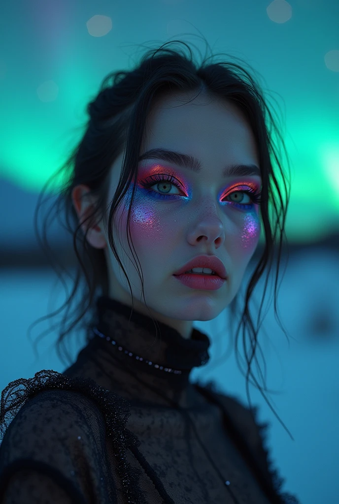 hyperrealistic image, selfie, hd resolution, woman, exotic features, artistic makeup, conceptual pose, artistic expression, instagram selfie, beautiful woman, woman, exotic, attractive eyes, intergalactic, natural lighting, night, aurora borealis, extraterrestrial, exotic makeup, shine makeup, shine skin, colored eyeshadow