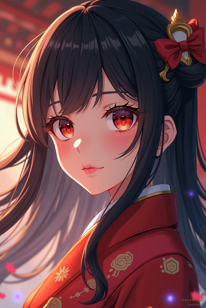 1 highly detailed anime character portrait of Nezuko Kamado from Demon Slayer, 3, Hashira rank, beautiful detailed eyes, beautiful detailed lips, extremely detailed face and features, long eyelashes, serene expression, flowing hair, intricate traditional japanese clothing, demon slayer uniform, detailed sword, detailed background with japanese architecture, warm lighting, cinematic composition, photorealistic, 8k, detailed textures, vibrant colors
