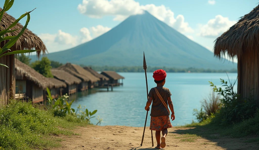 Village from ancient Ternate island, Maluku, Indonesia, beside a ocean and mountain, a young children in ancient Ternate clothing is walking while holding a spear and wear a red traditional Ternate turban, there is no peoples, hyper realistic, masterpiece, best quality, ultra-detailed, UHD, 64K