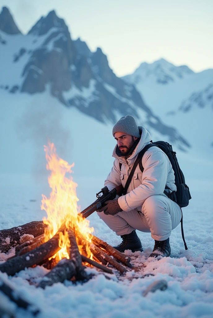 A young man in a white full snow field soldier's uniform with a log fire warming up his weapon on the Antarctic ice mountain in 16:9