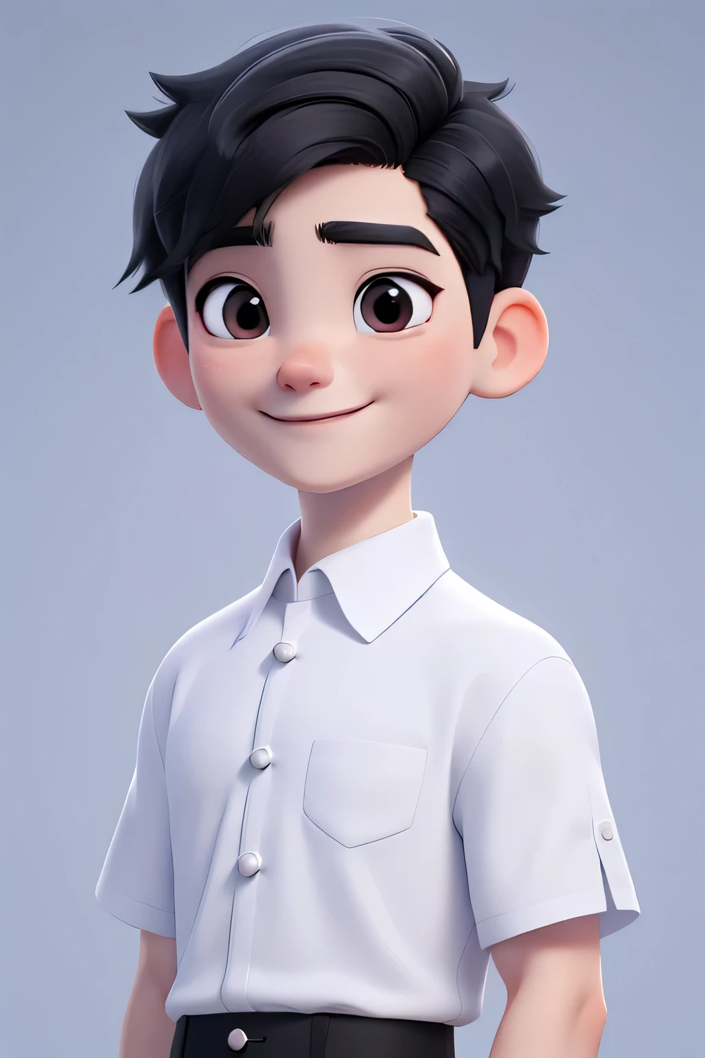 A 30-year-old、White shirt，Chinese male with short black hair, Round face, Round Face，Charming smile, and black eyes, Direct vision，Outdoor scene