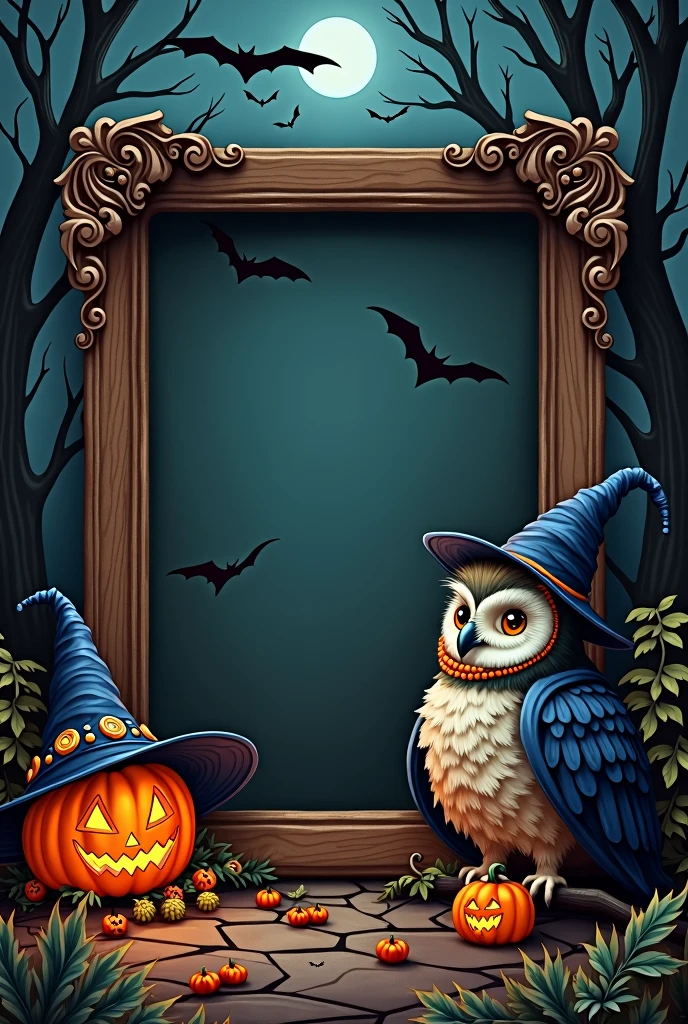 I want a frame to be in the middle,owl and wizard hat pattern.Also, on the left side, there should be a Halloween pumpkin with a wizard hat and on the right side, there should be a Halloween themed owl, but these should not extend into the frame, and the frame should be thick and there should be owls, bats, ghosts and other Halloween related things in the background..Make the frame 4 times thicker and add a skull in the middle of the top edge of the frame