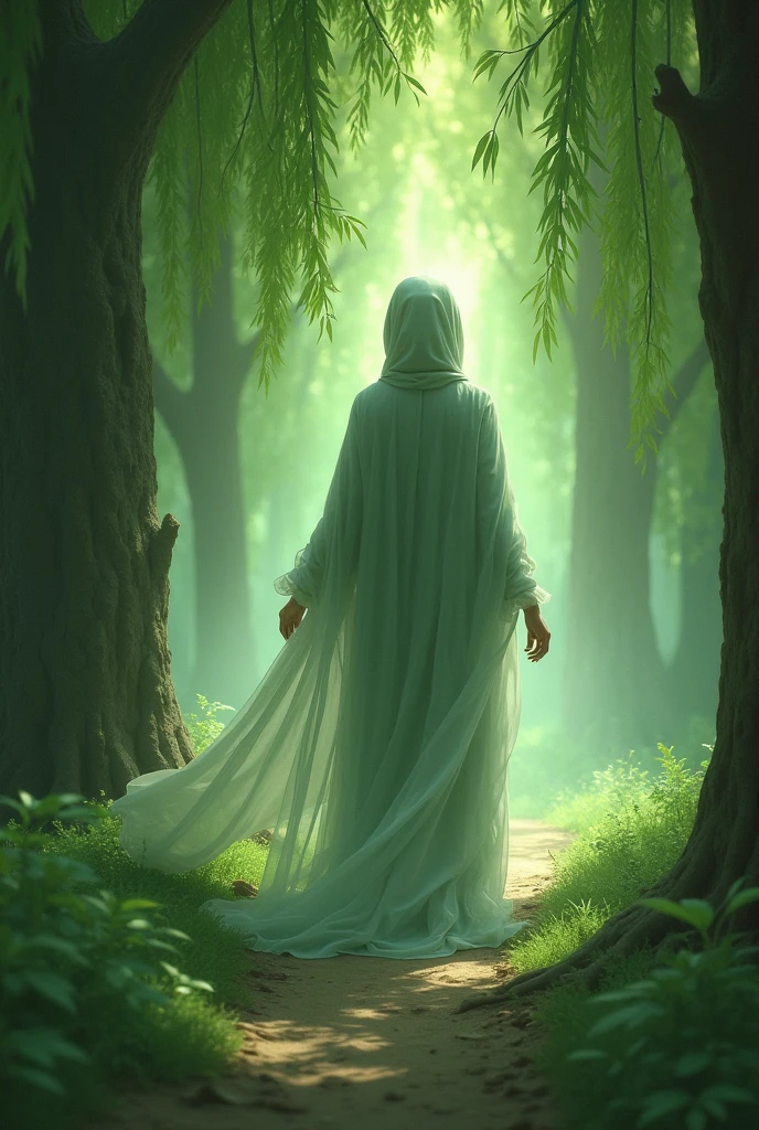 A female tree spirit with full hijab and she has light brown skin and she is wandering among the willow trees and she had a soft green aura around her and she has some spirits around her and her back is turned