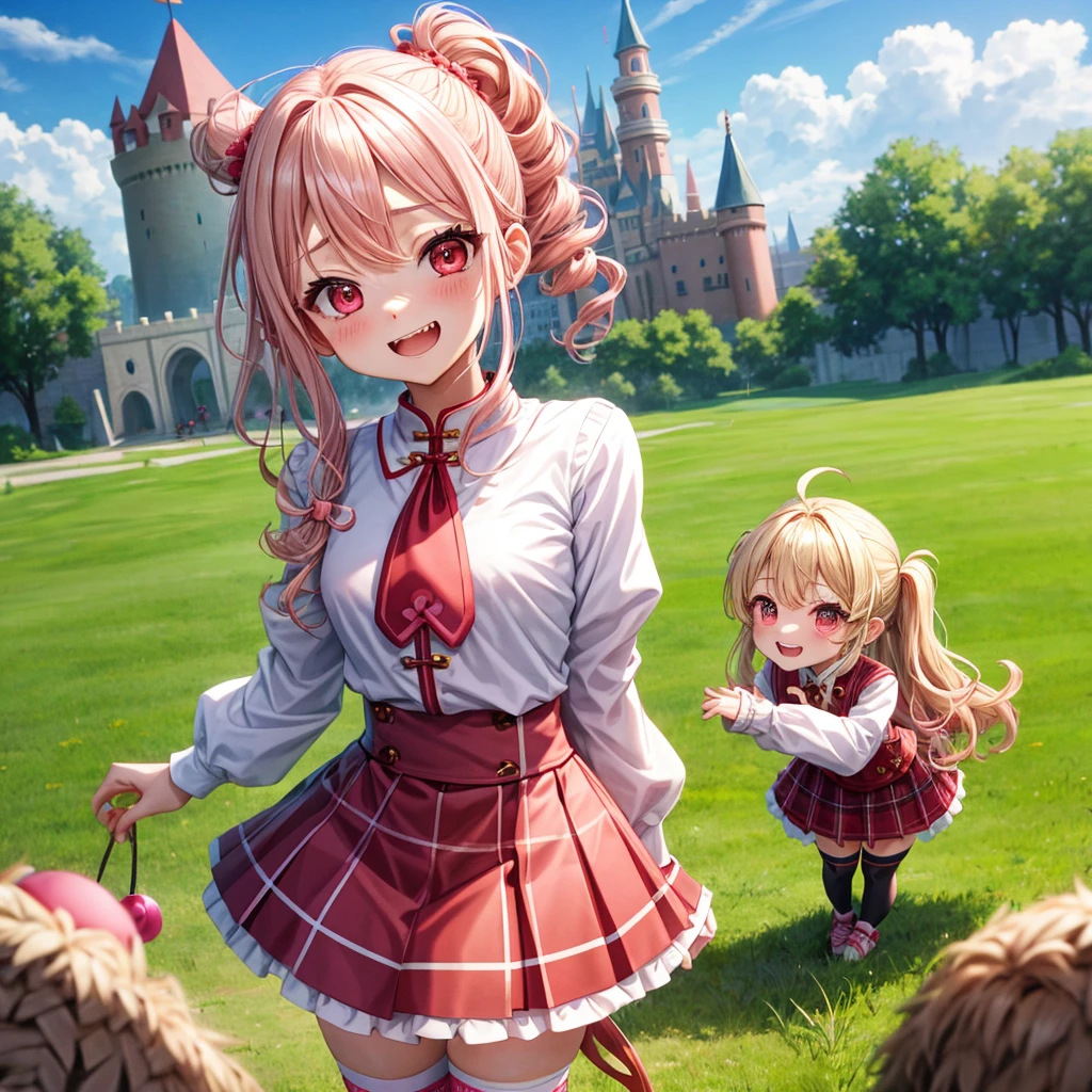 Pink Blonde、Red eyes、Wavy Hair、Hair tied up、Two cute、Checked mini skirt、China、Knee-high socks、Teeth are visible、Monster Castle、Tilting face、grass、There's a stake stuck in the ground、In front of the city gates、Underground tunnels、Iron suspension bridge、The stone is cracked、Ashura Statue、Giant wood、There is a step on the ground、Piglet