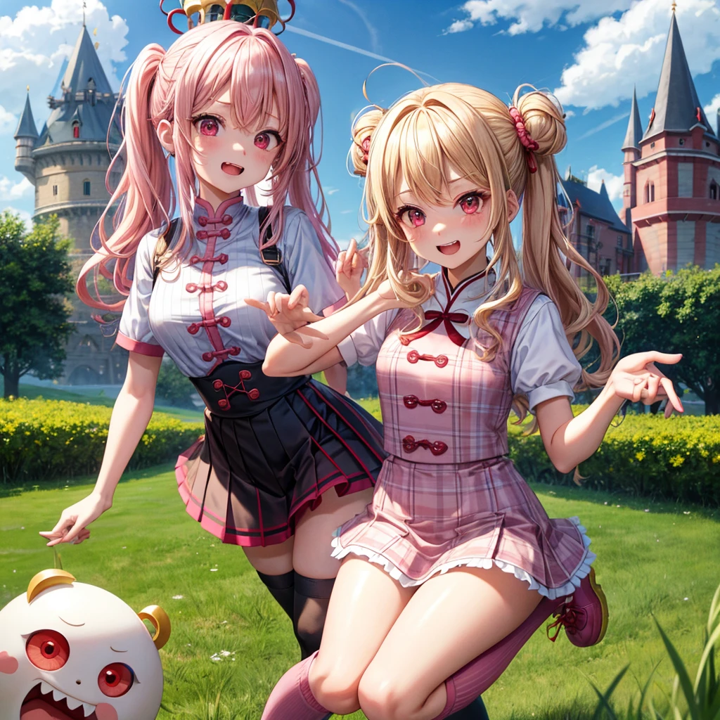 Pink Blonde、Red eyes、Wavy Hair、Hair tied up、Two cute、Checked mini skirt、China、Knee-high socks、Teeth are visible、Monster Castle、Tilting face、grass、There's a stake stuck in the ground、In front of the city gates、Underground tunnels、Iron suspension bridge、The stone is cracked、Ashura Statue、Giant wood、There is a step on the ground、Piglet