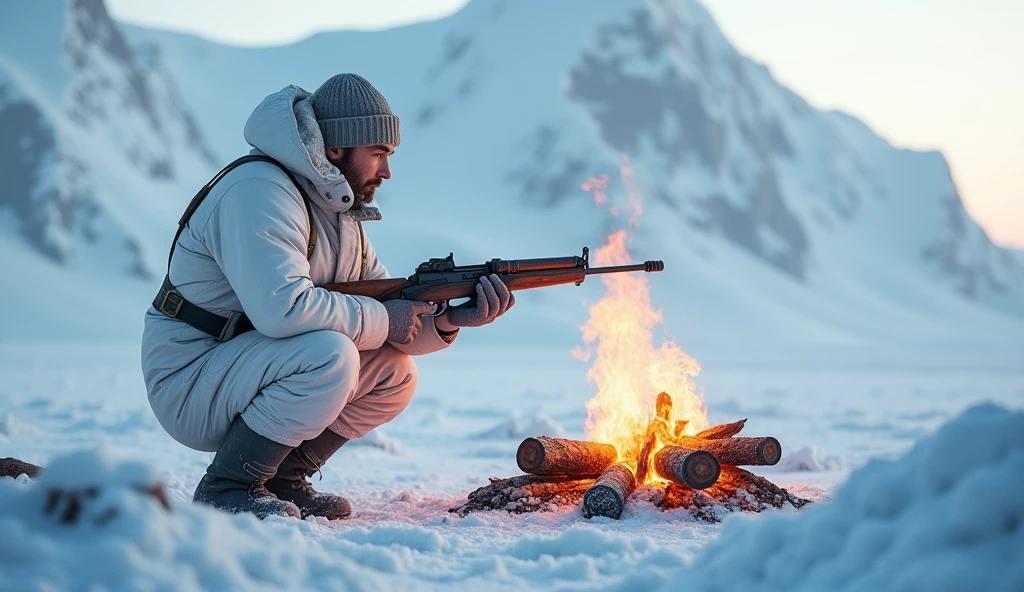 A young man in a white full snow field soldier's uniform with a log fire warming up his weapon on the Antarctic ice mountain in 16:9