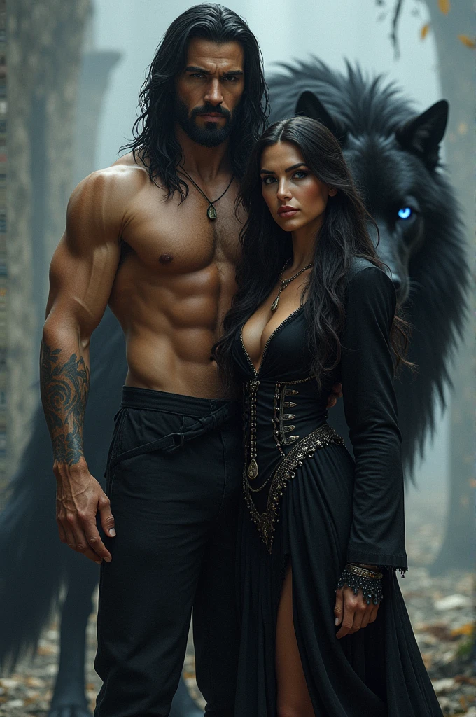 A tall man,  Big and muscular, handsome man with dark eyes and a penetrating gaze and dark and somewhat long hair accompanied by a bewitching woman,  beautiful, imposing with dark eyes and dark wavy hair, of normal and tall build, dressed in black with a sorceress costume, with a huge black wolf behind them.