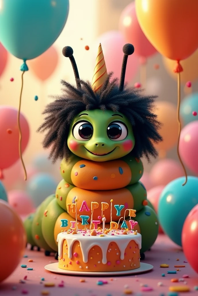 Happy African caterpillar, big black eyes and long black curly hair, about a birthday cake, Ao fundo, formed by balloons, The phrase ""