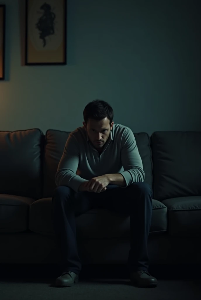 (photorealism:1.2), 3D animation, personality: [Illustrate a tense scene inside a dimly lit living room with the man, visibly conflicted, sitting on a couch. His expression reflects deep concern as he processes the weight of the news. The atmosphere is heavy with uncertainty, and the shadows cast on the wall enhance the emotional gravity of the moment.] unreal engine, hyper real --q 2 --v 5.2 --ar 16:9