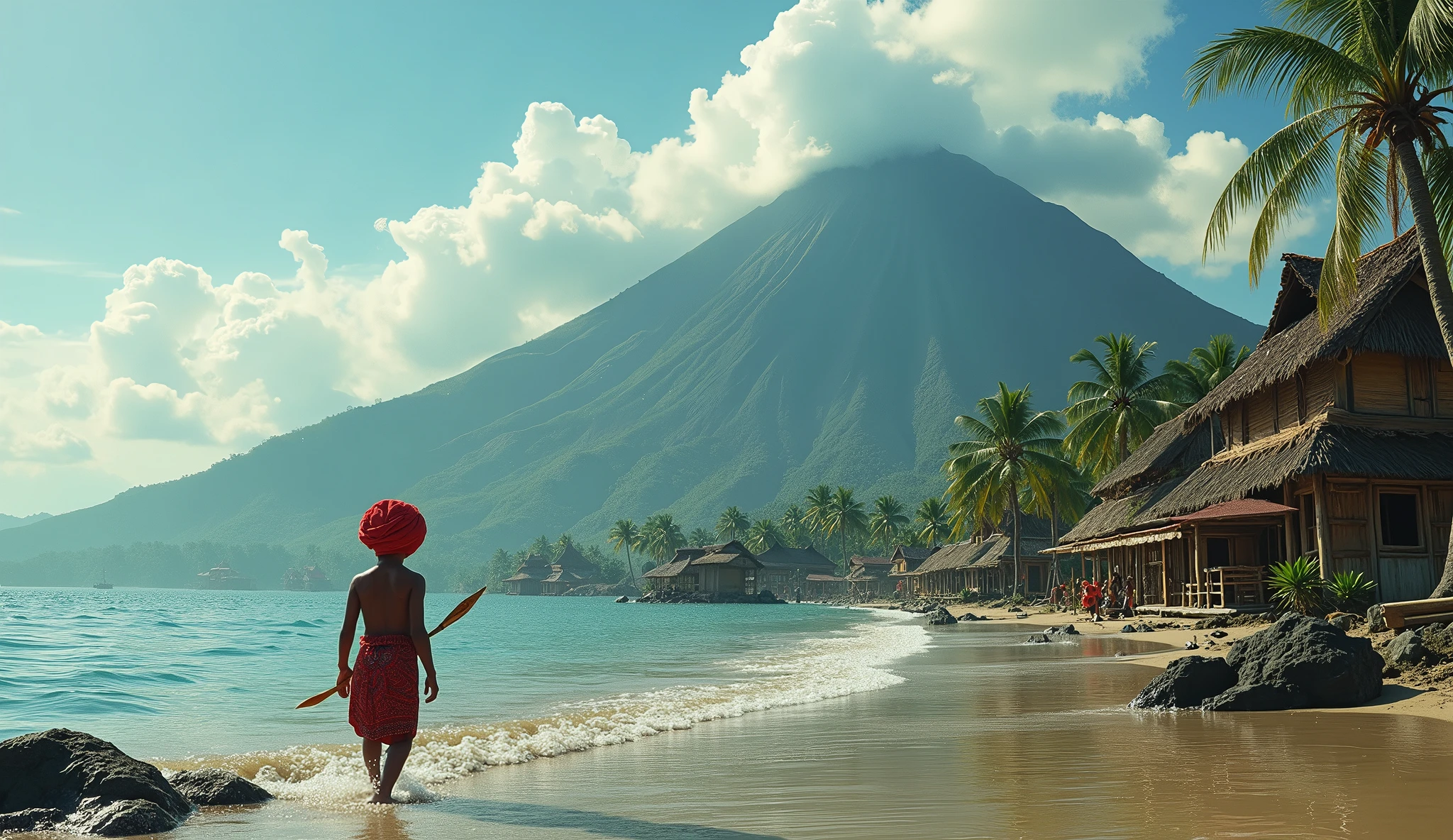 Village from ancient Ternate island, Maluku, Indonesia, beside a ocean and mountain, a young children in ancient Ternate clothing is walking while holding a spear and wear a red traditional Ternate turban, there is no peoples, hyper realistic, masterpiece, best quality, ultra-detailed, UHD, 64K