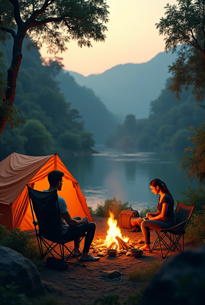 Photorealism 1.4 realistic realism high detailed definition campsite jungle at hills facing river man sitting on the chair dusk mode campfire tent view from the air bagpack beside big tent women cooking view from above