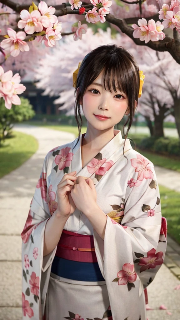masterpiece、Realistic、Full body portrait、Beautiful Face、あなたの笑顔はcuteですね、Sharp focus、young woman、1、(((kimono)))、cute、cute、8K Post-Production、High resolution、Very detailedな、Intricate details、Very detailed、Pure Form、8k resolution、The head is round and beautiful.、Small Nose、Big and ample breasts、(((Cherry blossom tree-lined path)))、(((Scattered cherry petals)))