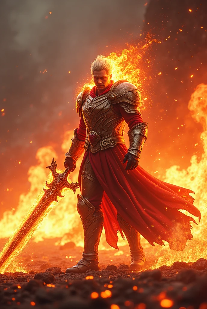 "Full body action shot, 8K ultra-high-definition, set in a burning battlefield. The warrior known as Ignis, clad in red and gold armor, stands with a fiery aura surrounding him. His armor is intricately designed with flowing lava patterns, and his shoulder pauldrons constantly emit sparks. Ignis wields a massive sword, the 'Flameblade,' which blazes with intense heat. As he swings the sword, flames erupt in a sweeping arc, engulfing everything in its path. His eyes burn with an inner fire, and the air around him shimmers from the heat. The background is ablaze, with the ground cracking open and molten lava seeping through, as Ignis unleashes his fiery wrath."
