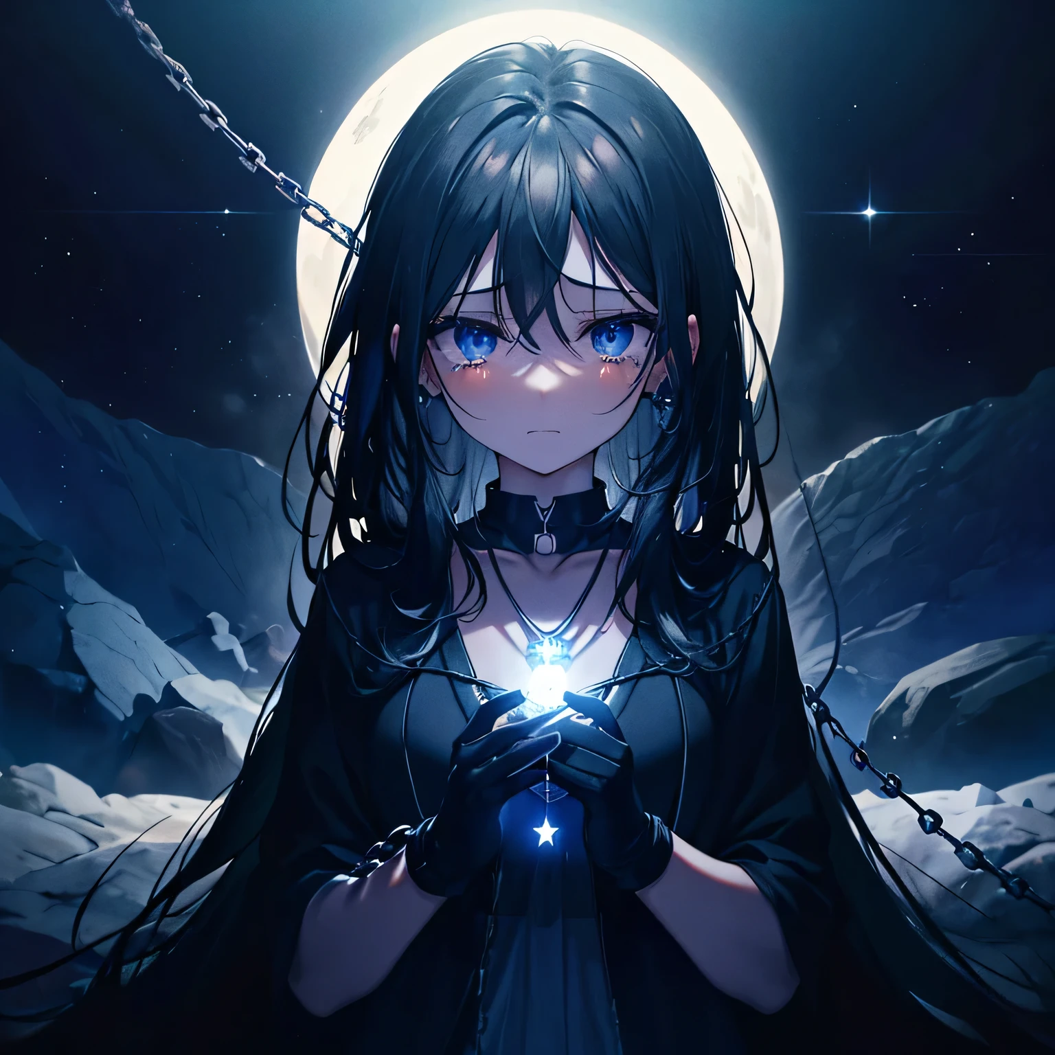 (((Pulling with chain))) ((high resolution Black Hair Long hair Dark blue eyes Lonely despair)) ((necklace Tears Gloves)) (night Distorted space-time Star moon ) Go for a ride Light