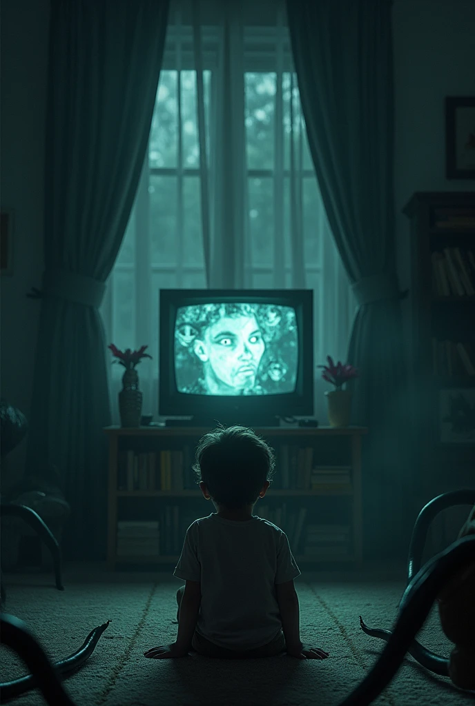 There is a sitting on the floor watching a TV on top of a bookshelf and inside the TV there is an image of seductive elves and the house is filled with a vast darkness and frightening density and black tentacles.