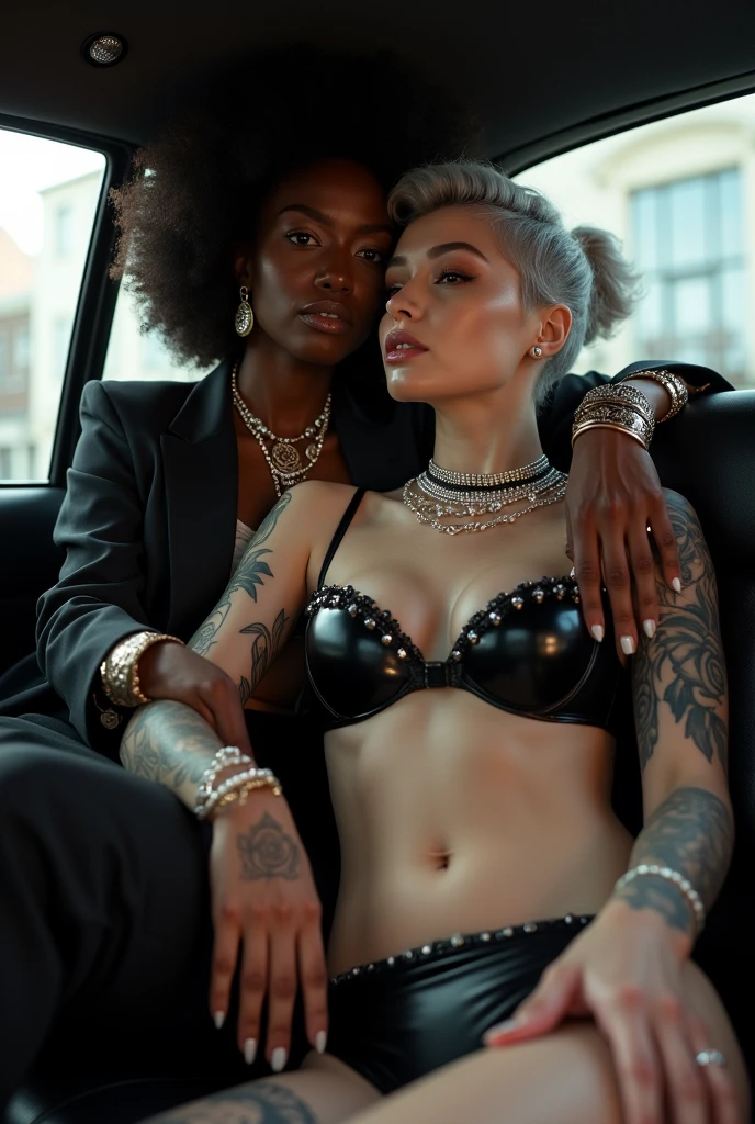 Two russian old milf women: the dominant aggressive dark skinned black woman in business suit (jacket and trousers), long nails and afro hair, sitting on the center of the back seat of a limousine with possessive stance (arms around her girlfriends' shoulders squishing her tightly, groping the body of the white woman with her other hand). Next to her, her white rich drunk girlfriend leaning over her (very pale: pale face, pale neck, pale chest, pale arms, pale hands, pale stomach, pale leg), white woman stretches her neck, looks scared, afraid of her girfriend. white woman is shy and submissive, feeling dizzy and needy, seduced, in laid back posture spreading her leg with hands on her knee and bra, chin up stretching her neck, arched back, wide open legs. White woman dresses in  rock chic style: Black shiny leather thong, grey hair (pouf, shaved sides, top bun) and oversized square sunglasses as headband. Big lips. Black strudded leather push up bra, silicone breasts. Barefoot.. Lots of thick wide studded bracelets in the wrists of the white woman, big pearl necklaces around the necks of the white woman, and big rings, Pearl earrings. Chains around the hips of the white woman. Lounging lazily with separated legs and arched back. Lazy, laid back pose. The white women is densely tattooed on neck, chest, arms, stomach, legswrists and feet. White woman havs well Toned abdominals, thin neck, slim legs and thin arms. Narrow hips. Full body. On the back seat of a limo