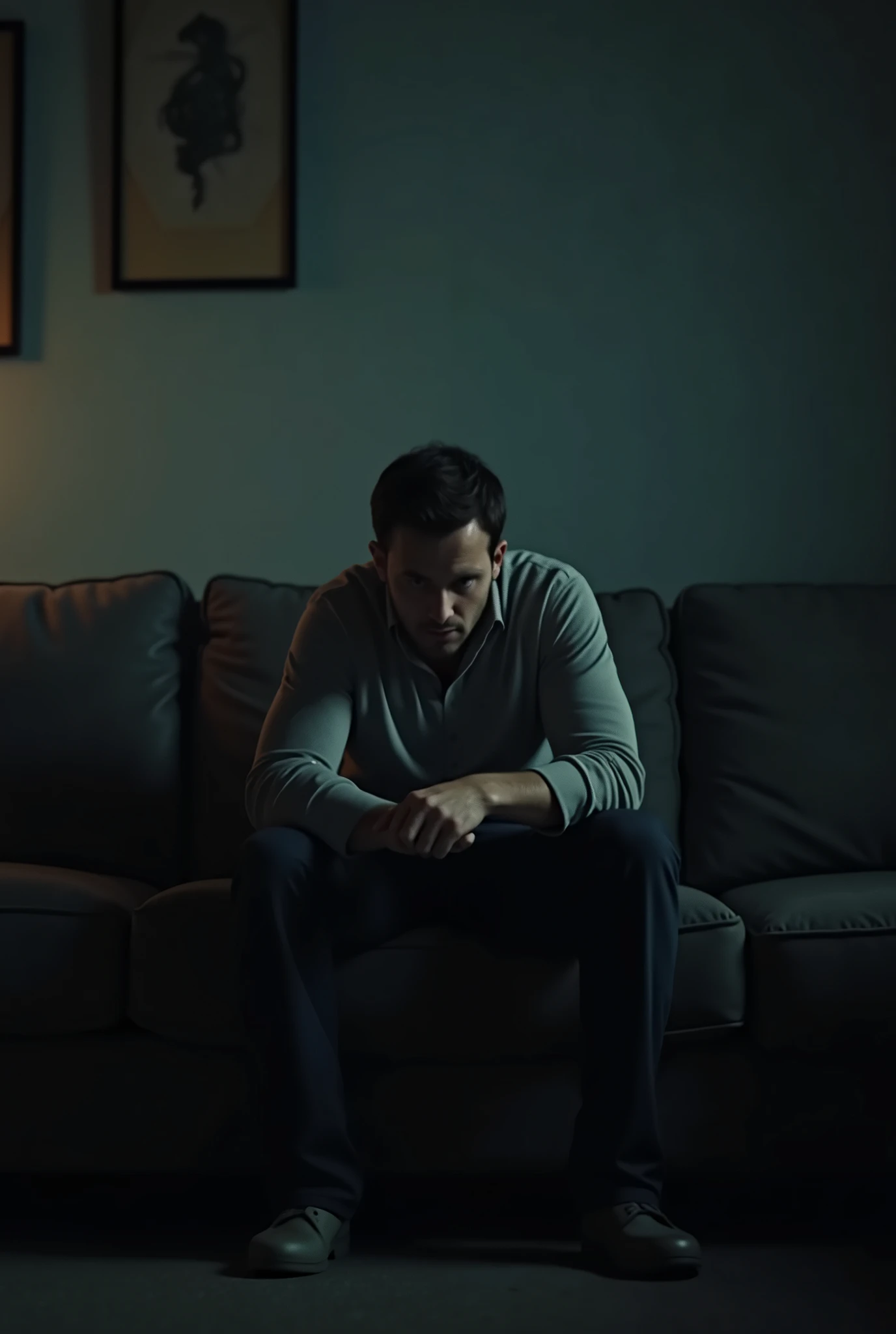 (photorealism:1.2), 3D animation, personality: [Illustrate a tense scene inside a dimly lit living room with the man, visibly conflicted, sitting on a couch. His expression reflects deep concern as he processes the weight of the news. The atmosphere is heavy with uncertainty, and the shadows cast on the wall enhance the emotional gravity of the moment.] unreal engine, hyper real --q 2 --v 5.2 --ar 16:9