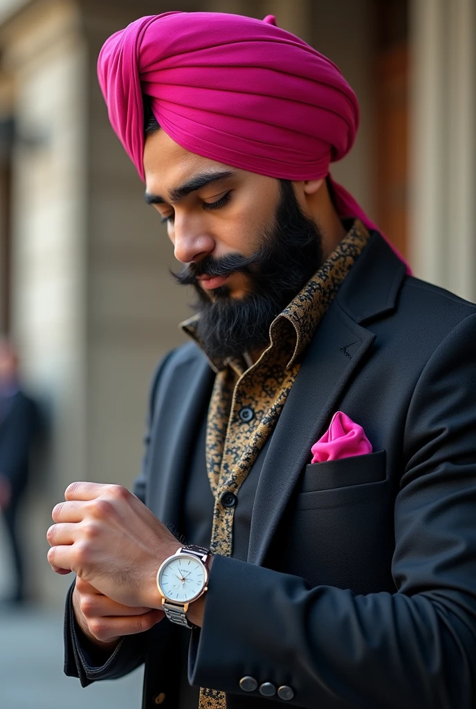 Sardar young man  in stylish dress with pink turban  and hi looks on watch 

