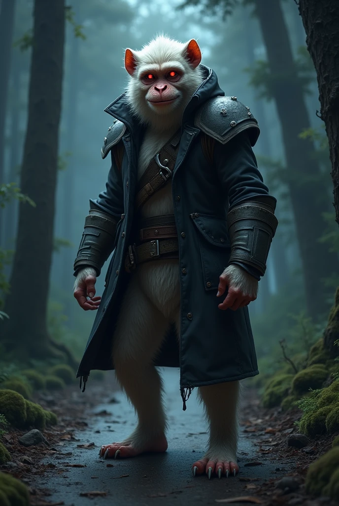 A manly human with monkey features, light coloured fur and bright red eyes, wearing a light armor on a full body black jacket coat, grinning and standing on a road of a night forest