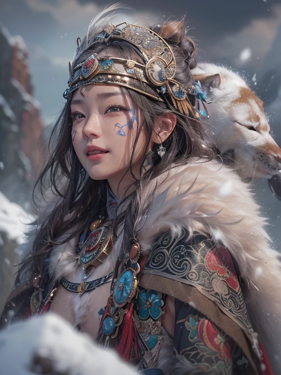 Hiding in the snowy mountains、Hair Flow、 ((highest quality、masterpiece、8k、Best image quality、Ultra-high resolution、Award-winning works)、(Accurate anatomy:1.1)、(Look at me and smile:1.1)、Shining fair skin with Ultra-high resolution、The most detailed face、Ultra-high resolution detailed face、Ultra-high resolutionの髪の毛、(Ultra-high resolutionの煌めく瞳:1.1)、Beautiful face drawn in every detail、(Blurred Background:1.1)、Ancient Inuit clothing, Chest to chest, tattoo, Old ruins in the background、he'big, You have a real hawk on your shoulder..