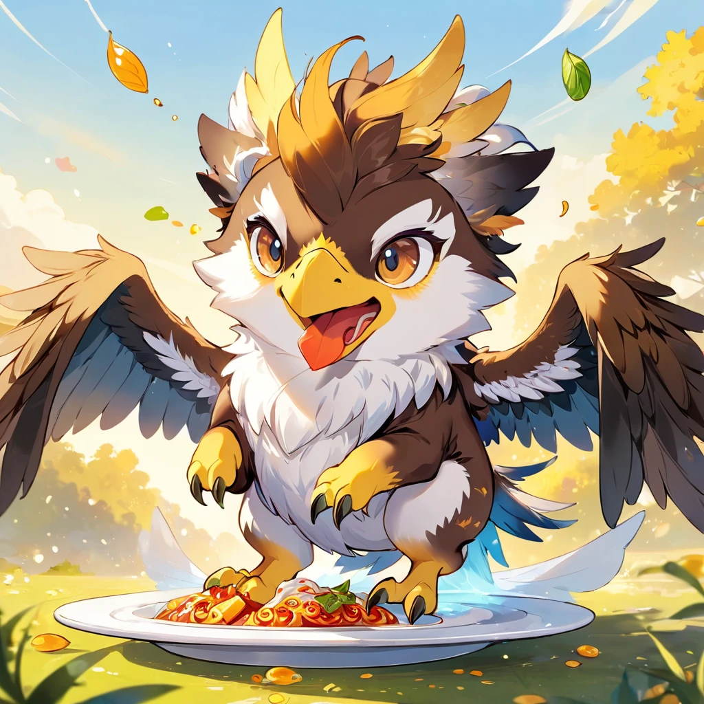 (Highest quality,Extremely detailed depiction,Incredible high resolution),Cute Griffon,Circle々Fat Griffon,Deformed Character,Flapping and floating,Eating food with gusto